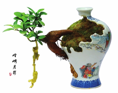 痴迷玩奇石 巧手造盆景 一种水锈石结构的花盆