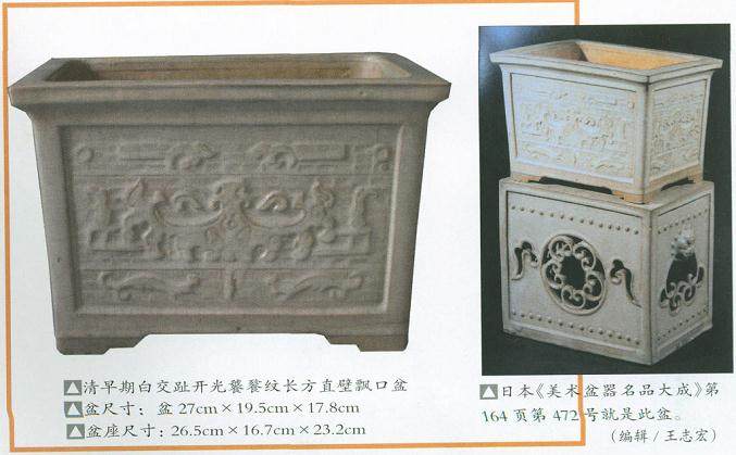 清早期白交趾开光饕餮纹长方直壁飘口盆