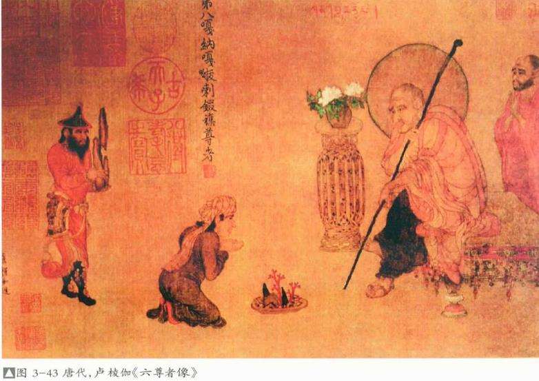 《六尊者像》中的树石盆景和怪石