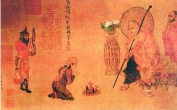 《六尊者像》中的树石盆景和怪石