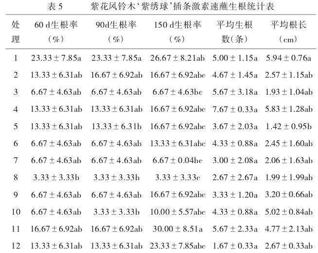 表5：紫花风铃木‘紫绣球’插条在12种速蘸处理下，扦插60天、90天和150天后的生根率比较表。最优处理（2000mg/L APT 速蘸20s）在150天后生根率达到30.0%。