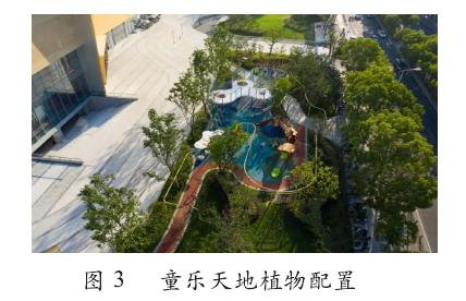 无锡锡山八佰伴购物中心童乐天地植物配置实景图。图片展示了该区域使用群植的香樟、染井吉野櫻和孤植的丛生朴树等乔木，营造出适合儿童和不同人群共享的、葱郁的绿色活动空间。