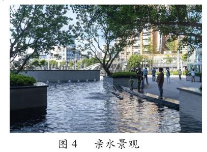 无锡锡山八佰伴购物中心亲水景观效果图。图示了在水体边缘种植乌桕(歪脖子),形成自然的植物配置,营造出供人亲近的、富有生态气息的景观。