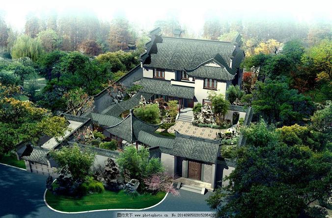 园林环境艺术设计中植物、水体和建筑的生态美学融合示意图